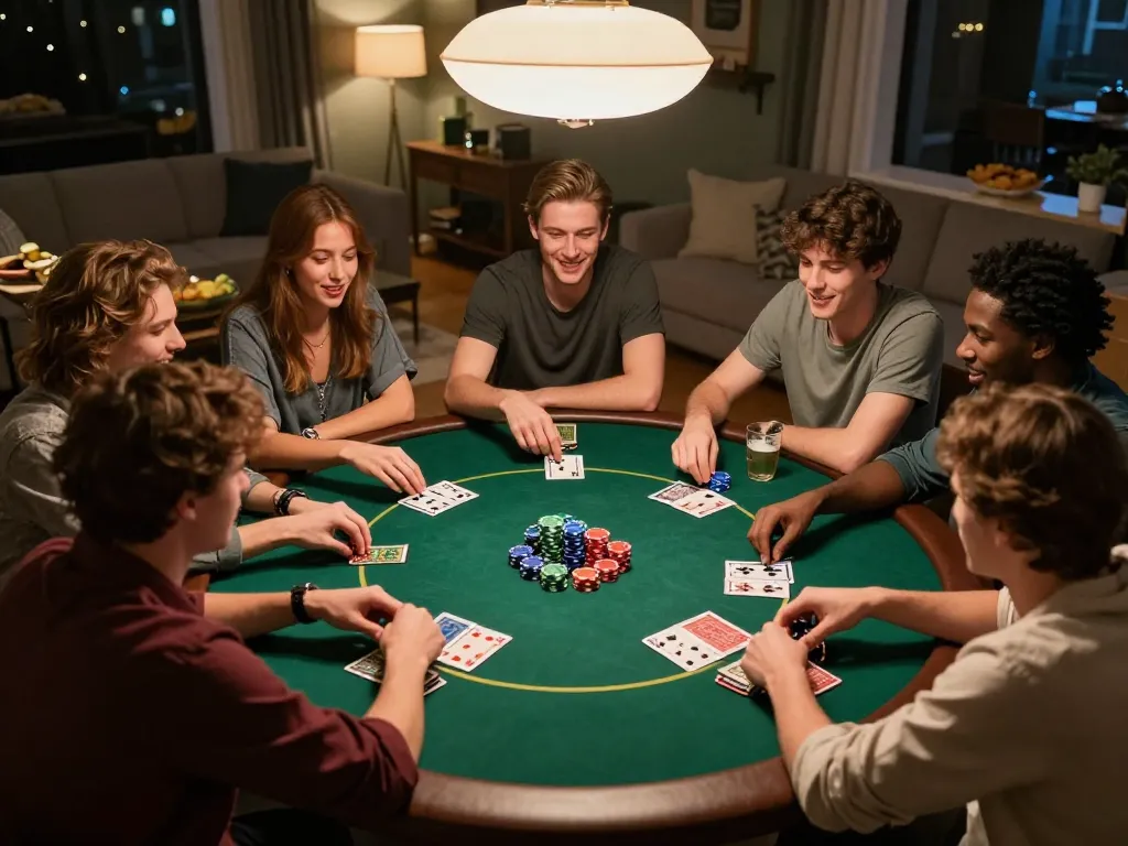Friends enjoying a home poker game while using the lc88app, colorful chips and cards spread out
