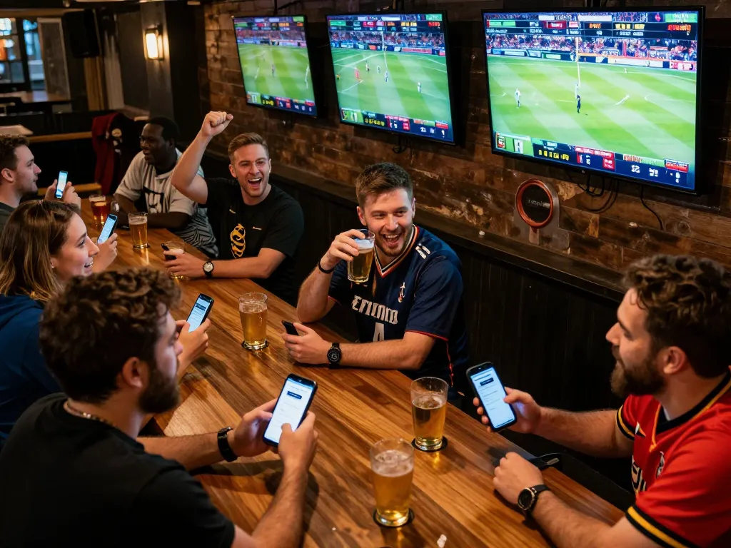 Engaging patrons using mobile apps for kèo nhà cái 88 in a lively sports bar atmosphere