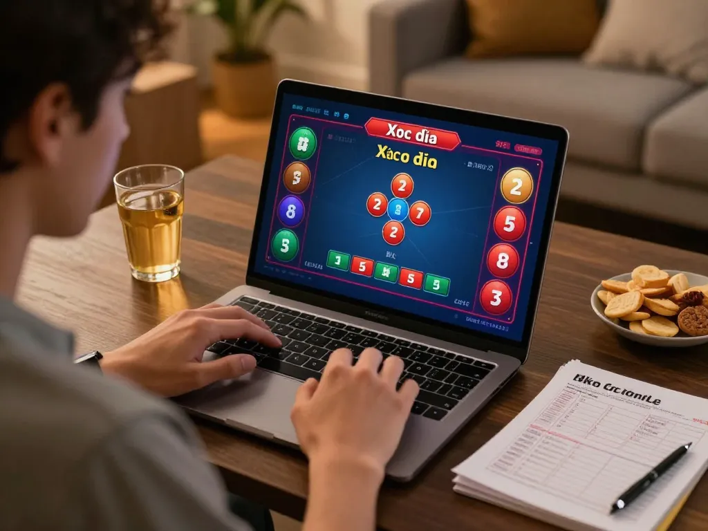 Xóc đĩa online gameplay displayed on laptop in a cozy setting, illustrating modern online casino entertainment.