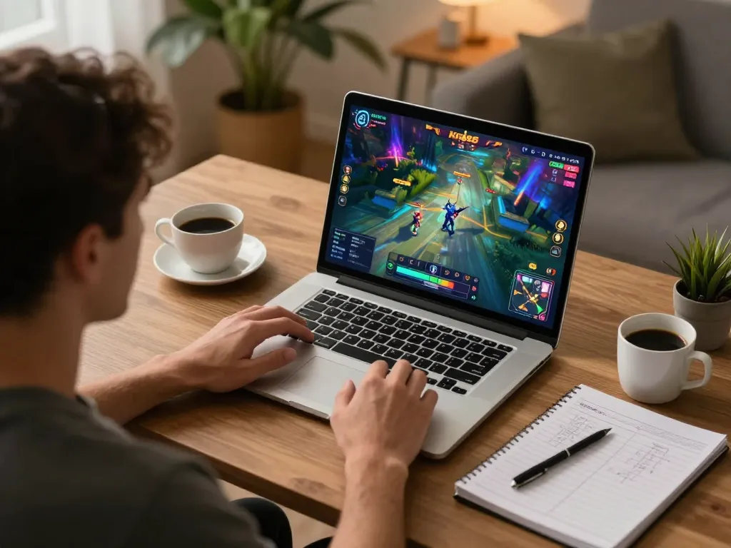 Play an exciting kp88 game on a sleek laptop while surrounded by strategy notes in a cozy home office