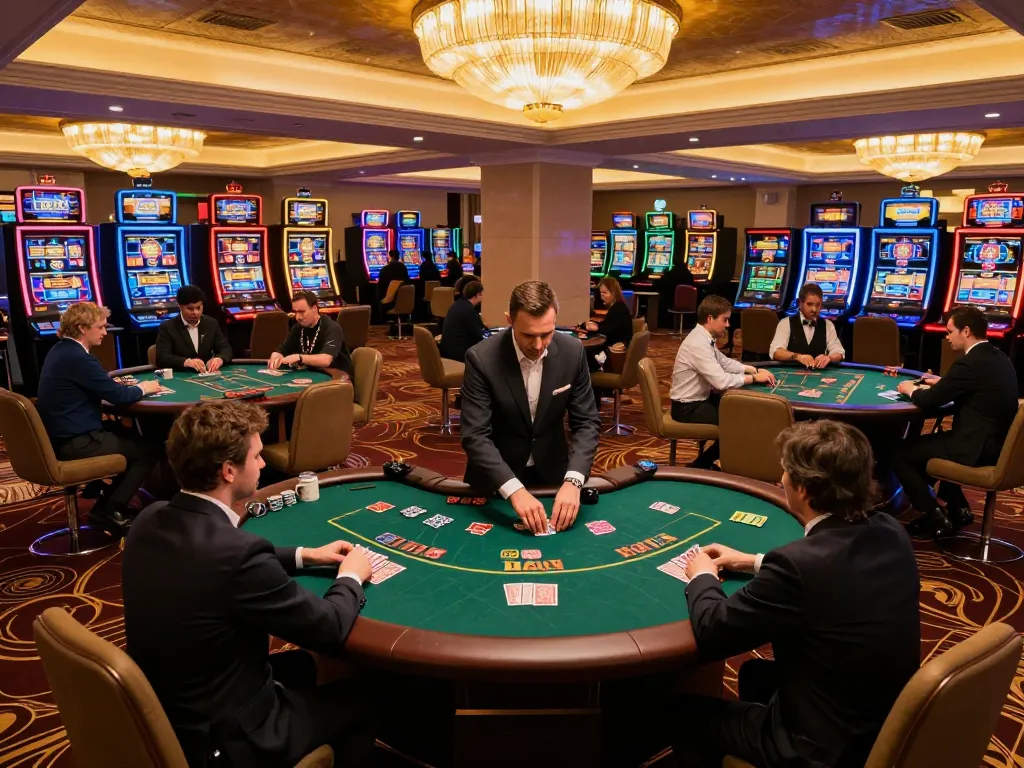 Players winning at poker tables in a vibrant 98win casino atmosphere.