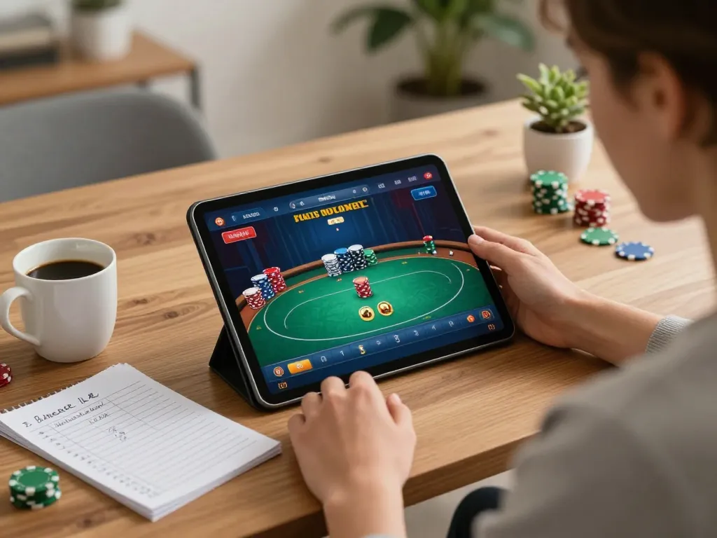 Engaging in iwin online poker strategies at home with a tablet and bankroll notes.