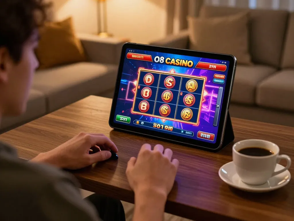 Engaged player enjoying O8 Casino on a tablet in a cozy home setting, showcasing online gambling.
