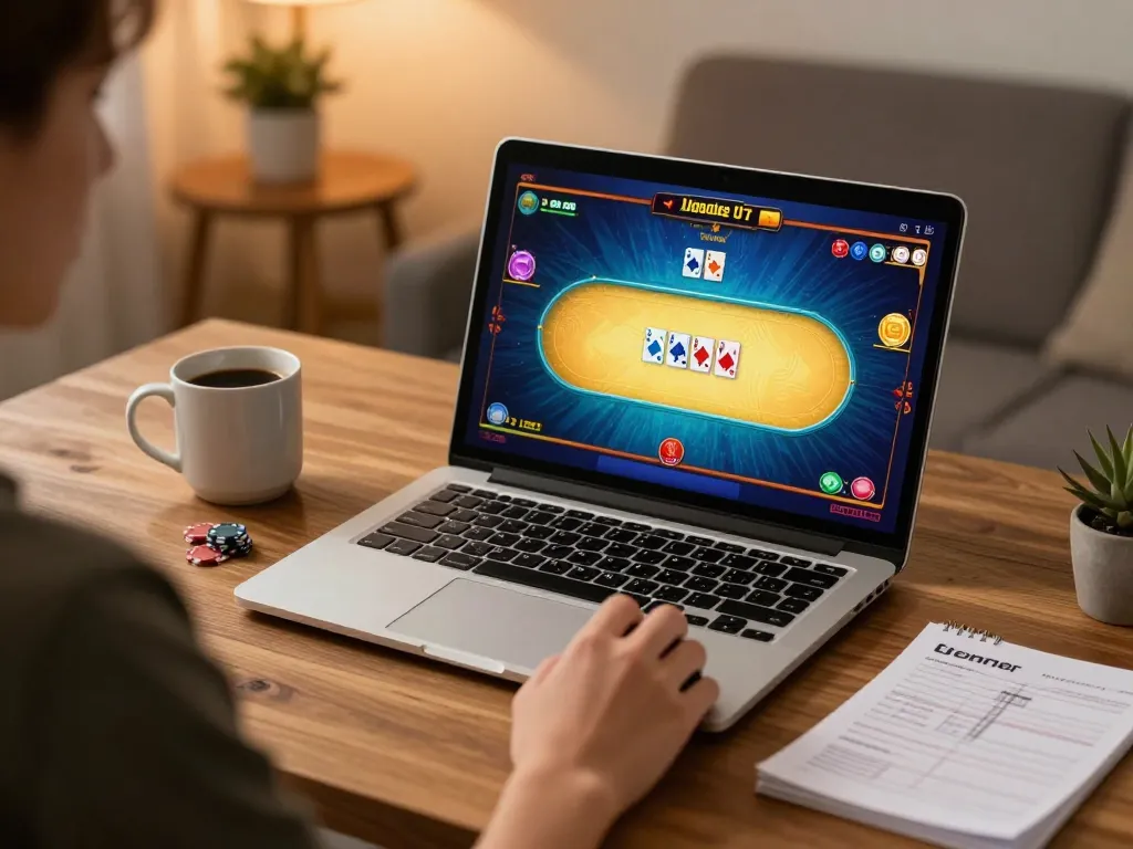 Engaging gameplay on SC88 platform, highlighting strategic poker decisions in a cozy home office.