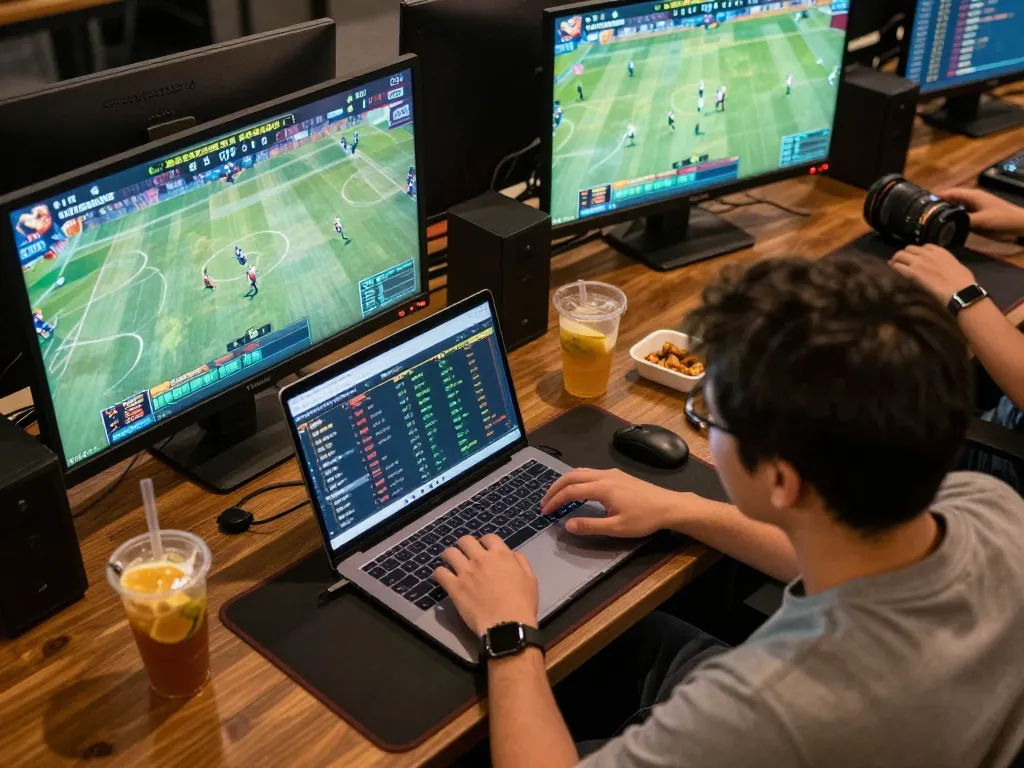 Engaged bettor evaluating live sports odds at bong88v on a laptop, snacks and drinks on the table.