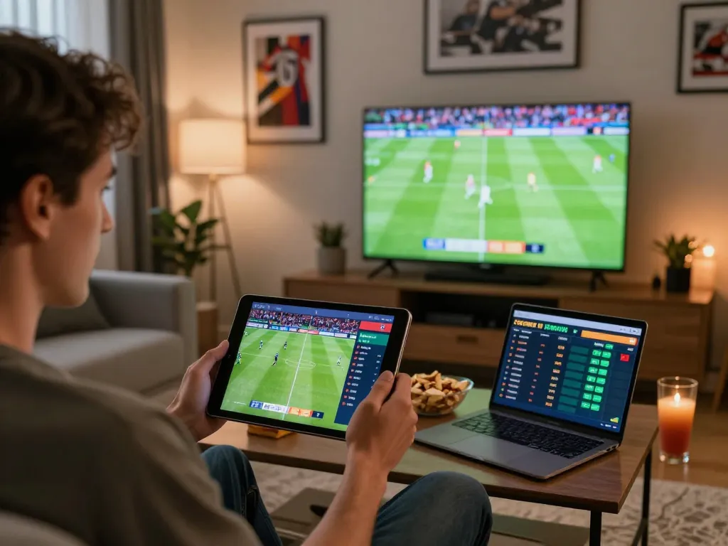 Engaged sports fan using trang cá cược bóng đá app on tablet during an exciting game