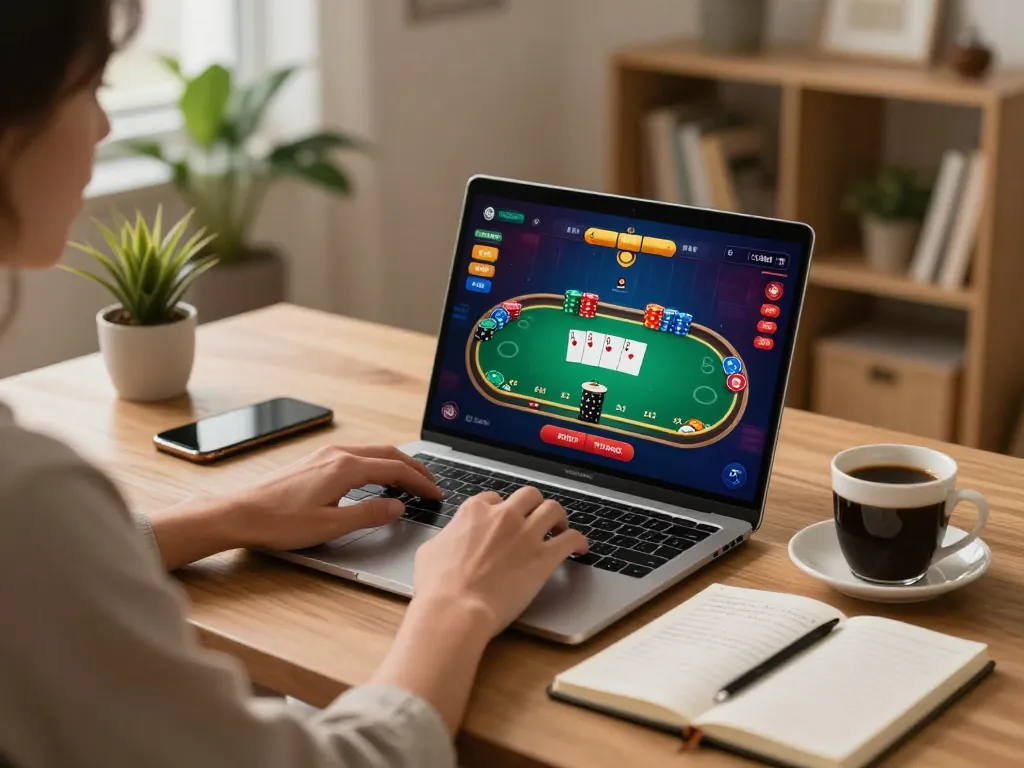 Person enjoying engaging Link lode88 online poker game at home with strategic notes.