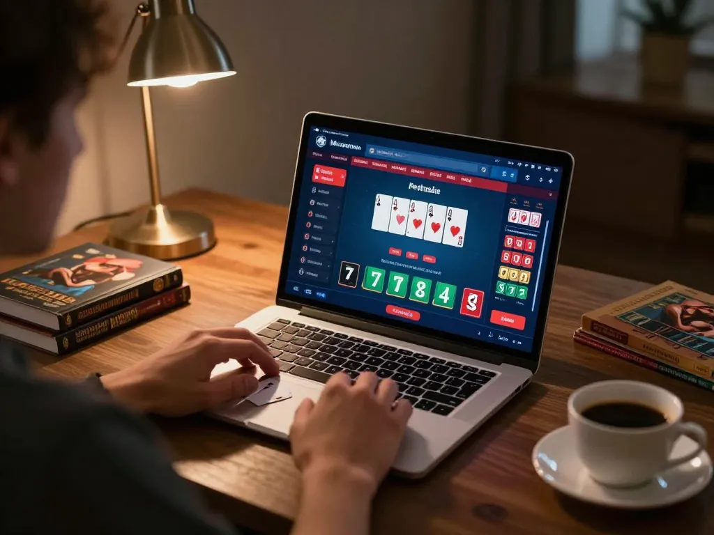 Player using LLWIN app on laptop for blackjack in a cozy home office setup.