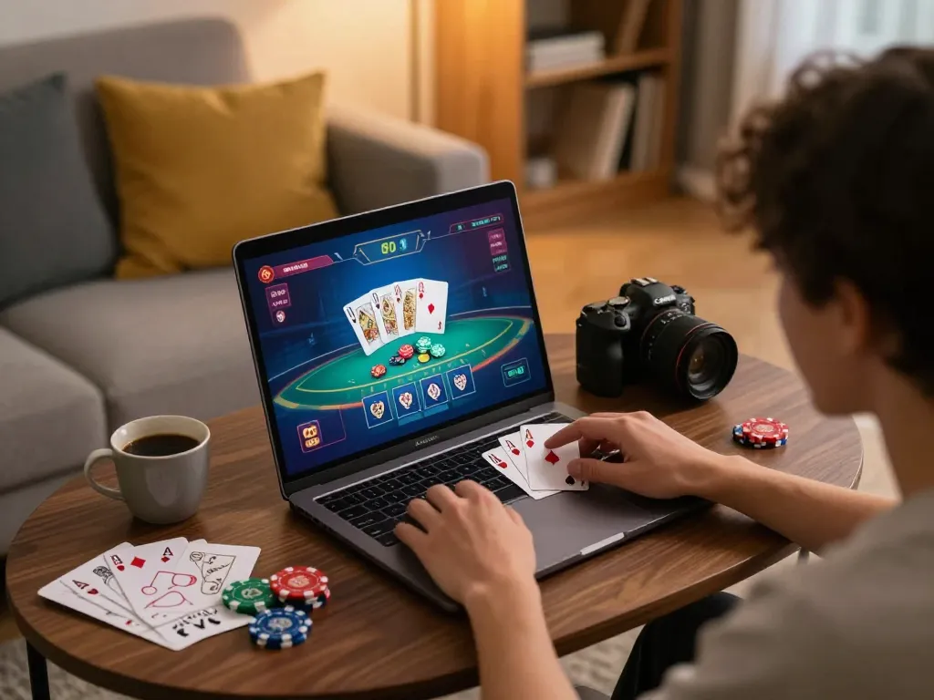 Engaging scene of Trang chủ ga88 featuring blackjack gameplay on a laptop, showcasing responsible gaming environment.