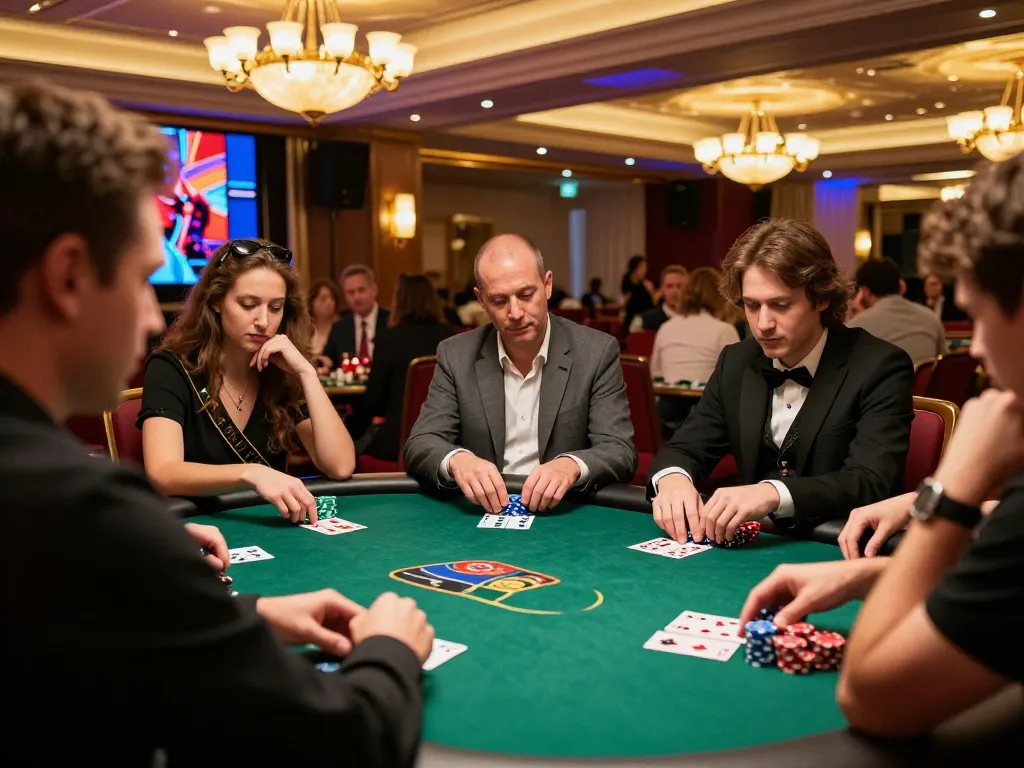A poker scene at one88on casino featuring players in deep strategic gameplay with chips stacked high