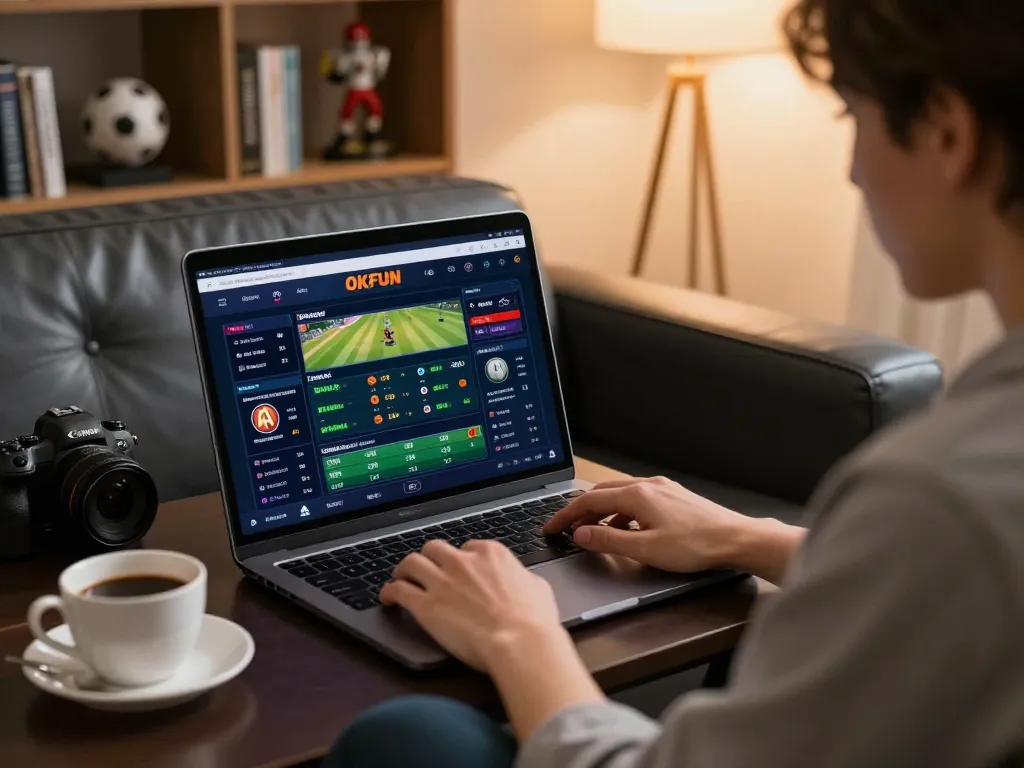 Engaged player placing bets on the OKFUN sports betting app from their cozy living room.