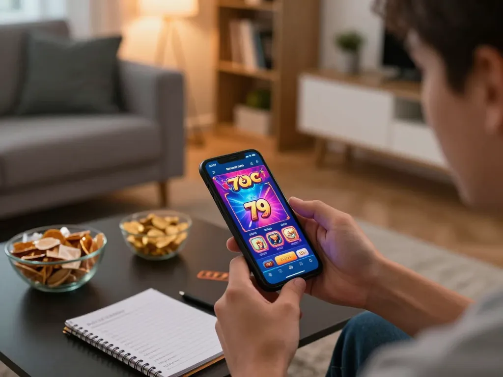 Engaged player using fun 79 app for online gambling on smartphone in cozy home atmosphere