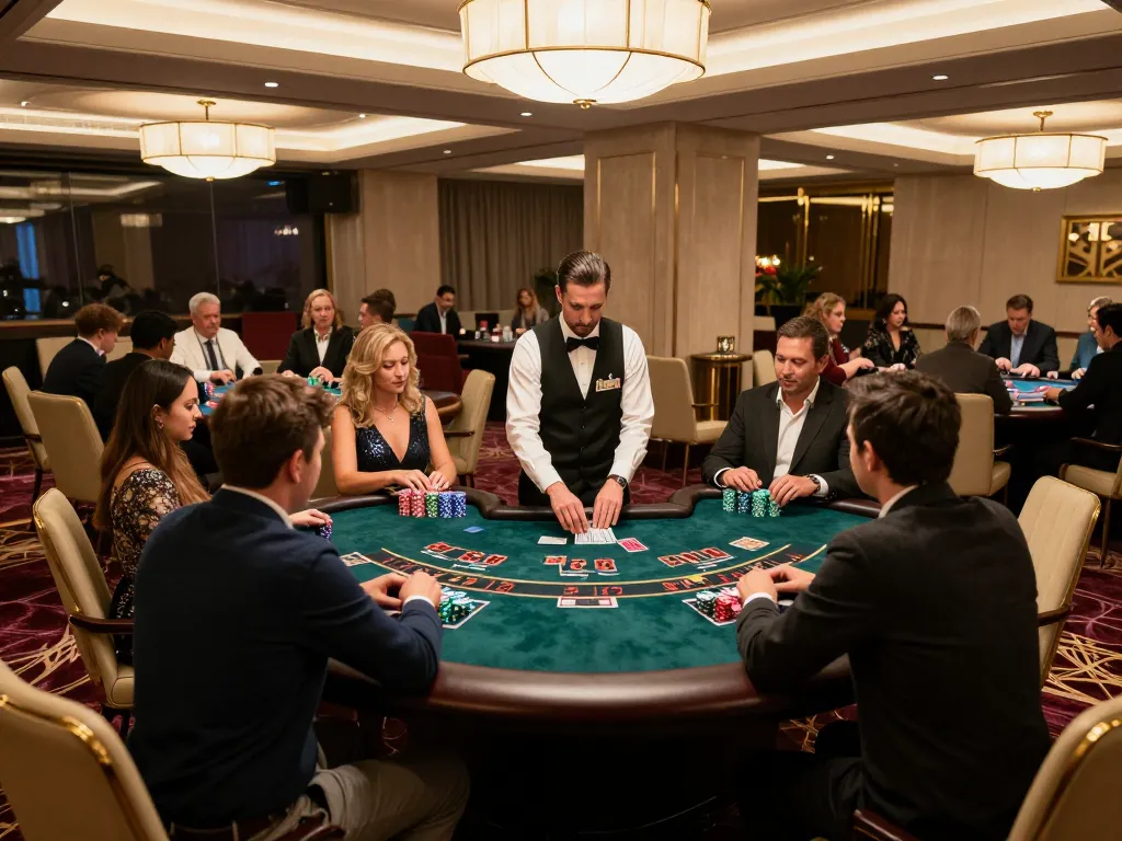 Players enjoying a lively game of blackjack at SC88 casino, chips stacked and cards dealt.