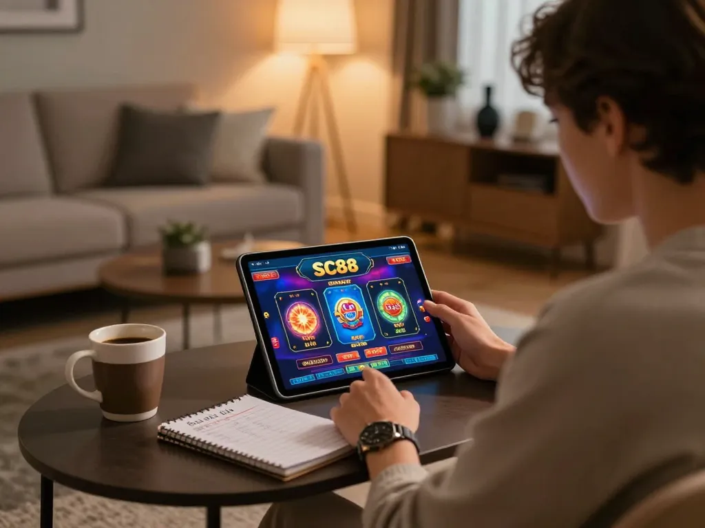 Person engaging with SC88 online casino app on tablet in cozy home setting, showcasing gaming strategy
