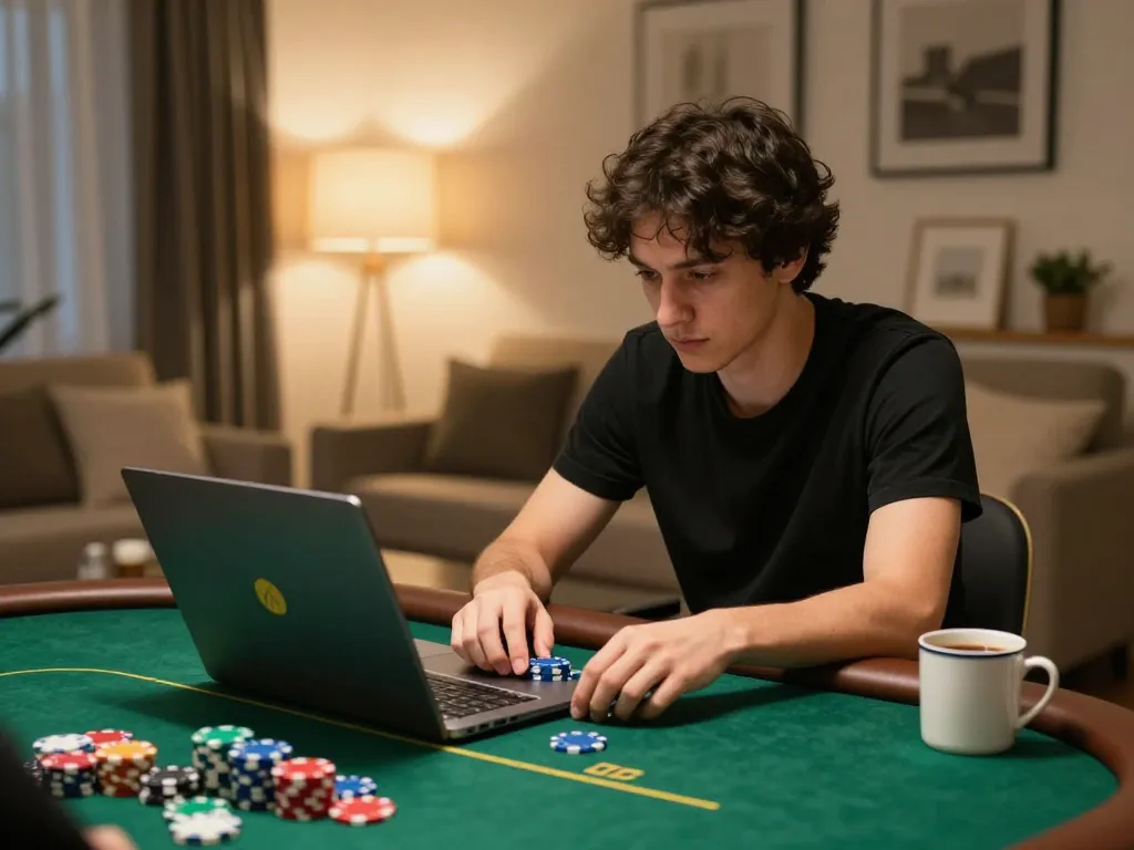 Engaged player strategizing in an online game at home, showcasing rikvip interface and cozy atmosphere.