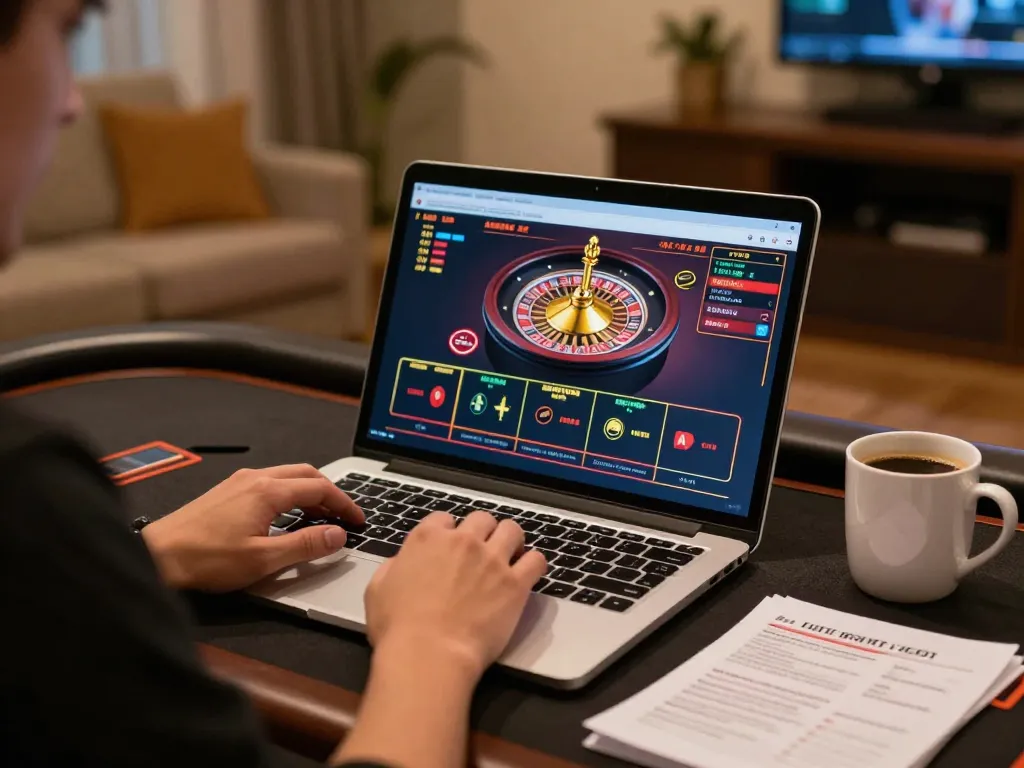 Experience immersive online gameplay at link gk88 with a person interacting with a vibrant roulette game on their laptop.