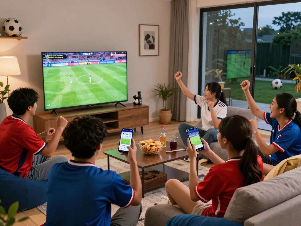 Xoilac streaming experience in a vibrant living room with friends enjoying live football.