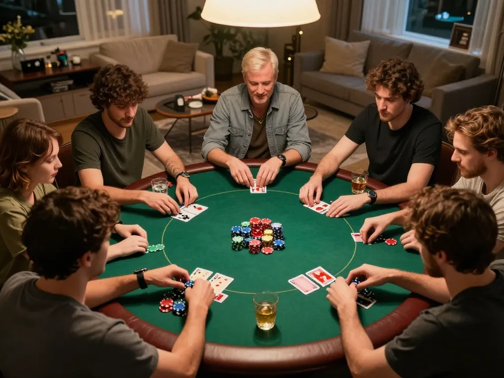 Friends enjoying a competitive poker night, displaying strategic gameplay and camaraderie in a cozy setting with 7mz highlights