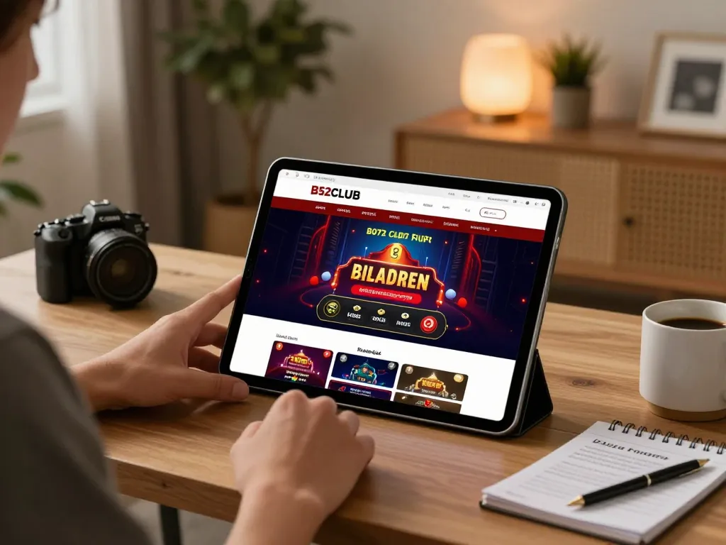 B52CLUB online gaming experience with a player enjoying live dealer games on a tablet at home.