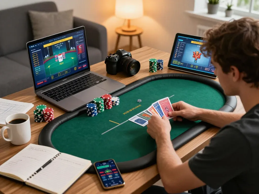 Player engaging in an online poker game with Fly88 platform in a modern home office, showcasing strategic gameplay and cozy ambiance.