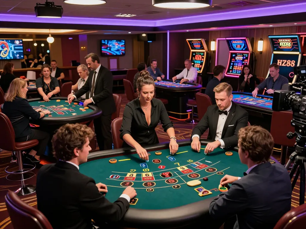 Players enjoying interactive games at HZ88 live casino, celebrating wins in vibrant atmosphere.