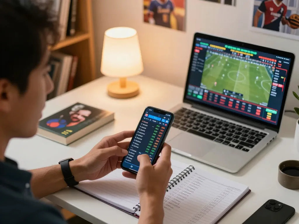 Intense sports betting moment on cm88sm com, showcasing a player calculating odds with excitement in a lively setup.