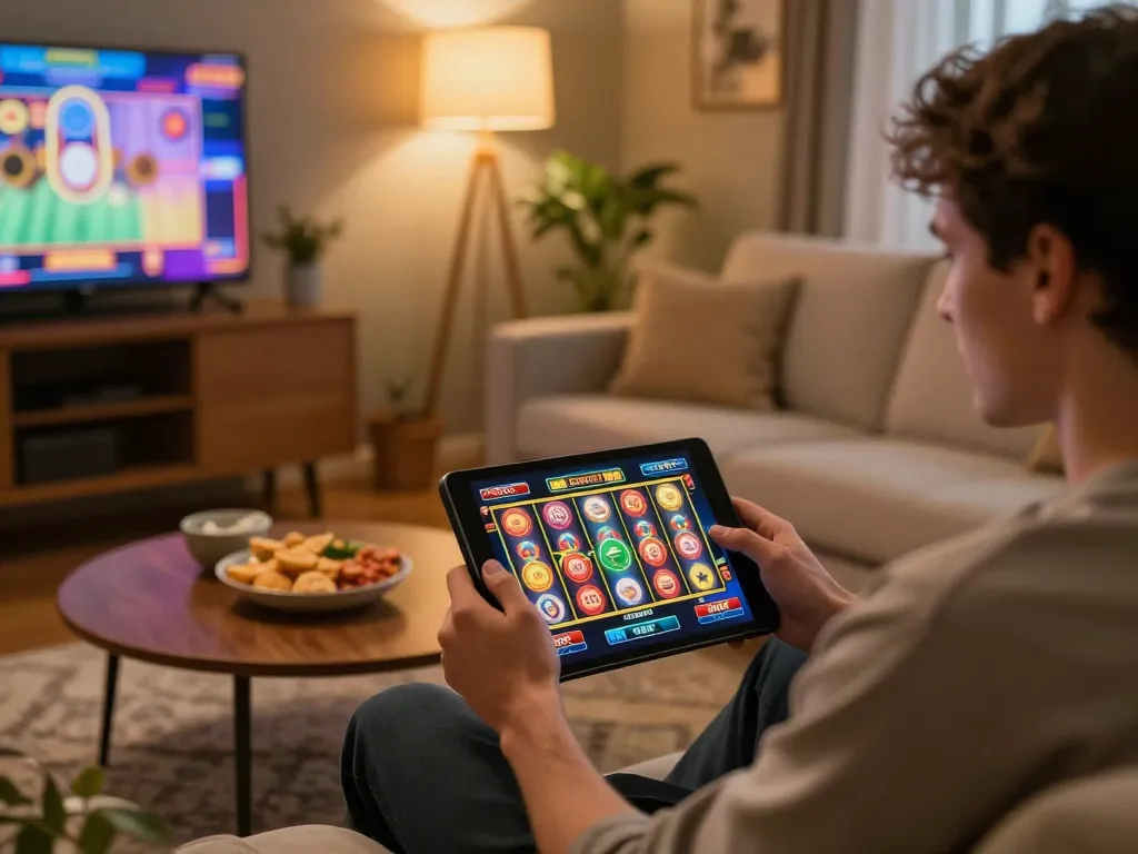 Engaging with okfun mobile slots app in a cozy living room setting while enjoying snacks