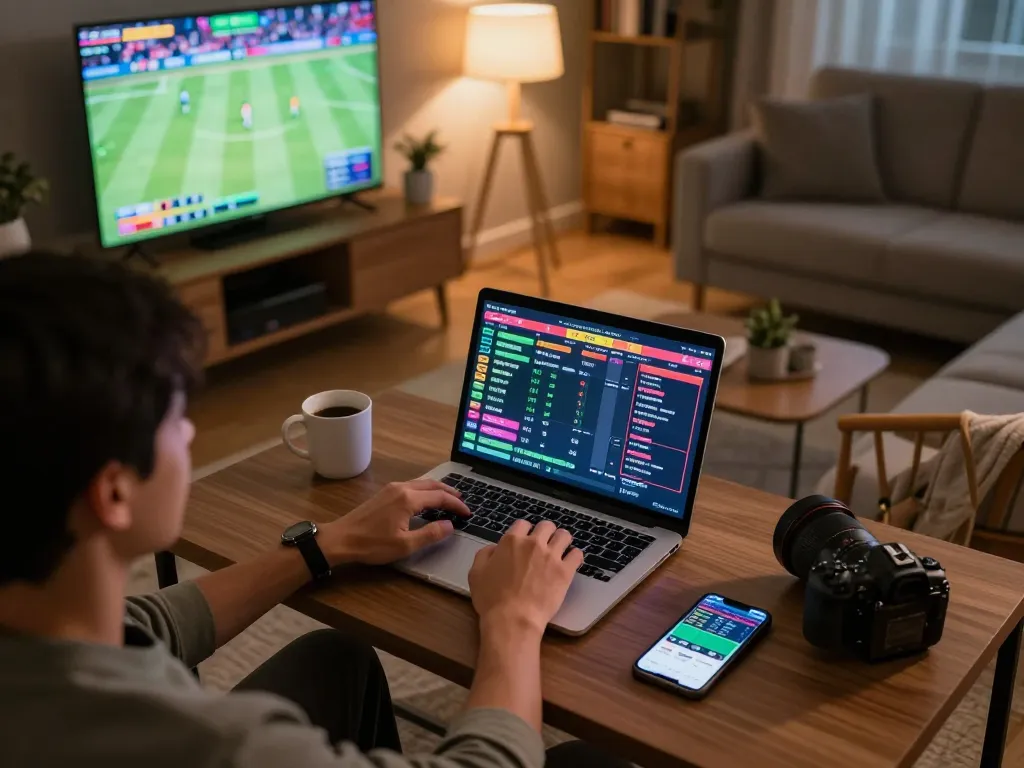 Engaging in nk88 bet, a person places bets in a cozy living room with sports events displayed on laptop.