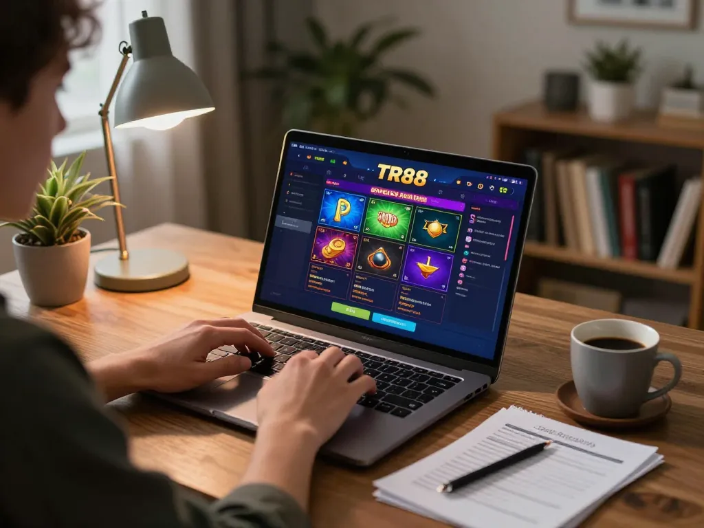 Engaging with TR88 online casino games on a cozy home laptop setup with betting notes.