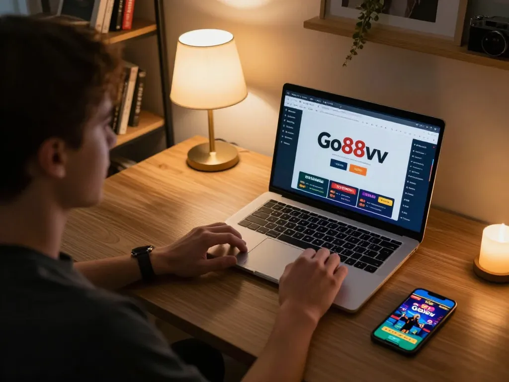 Player engaging with Go88vv online casino, showcasing laptop and smartphone setup for strategic gameplay