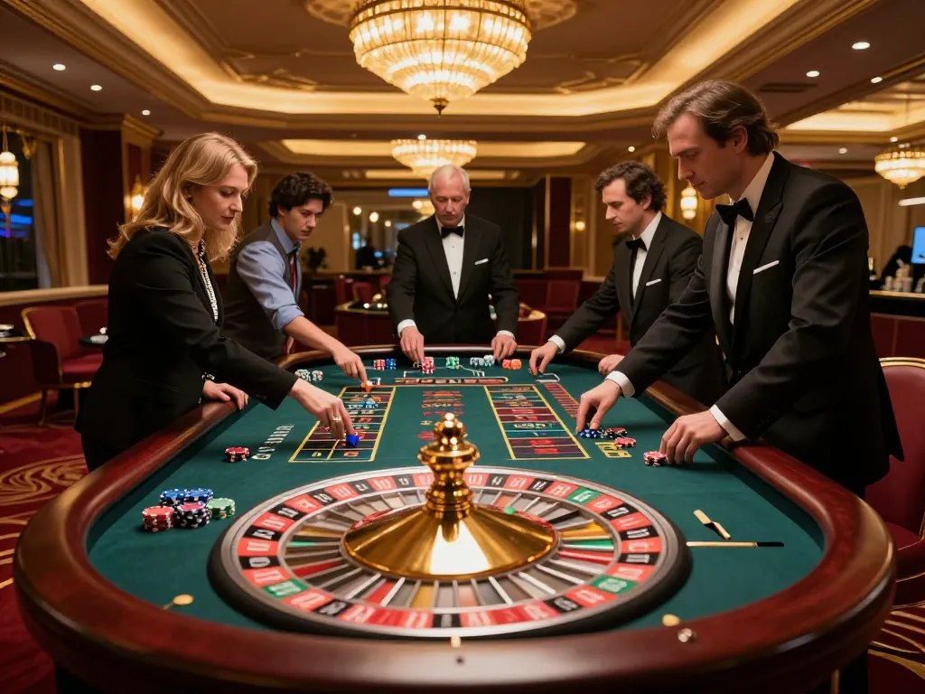 Players engaged in a suspenseful roulette game at MMOO, showcasing vibrant chips and a luxurious casino ambiance.