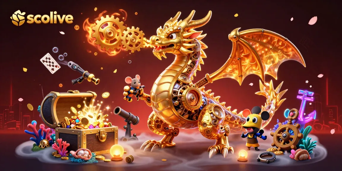 Socolive showcases a golden dragon with clockwork gears amidst treasure and cards, illustrating thrilling gambling.