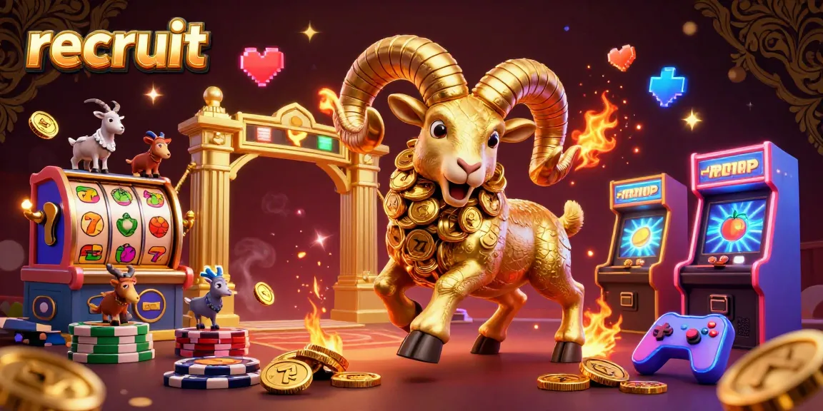 Engage with the recruit casino experience, featuring the golden ram and vibrant slot elements in a dynamic gaming scene.