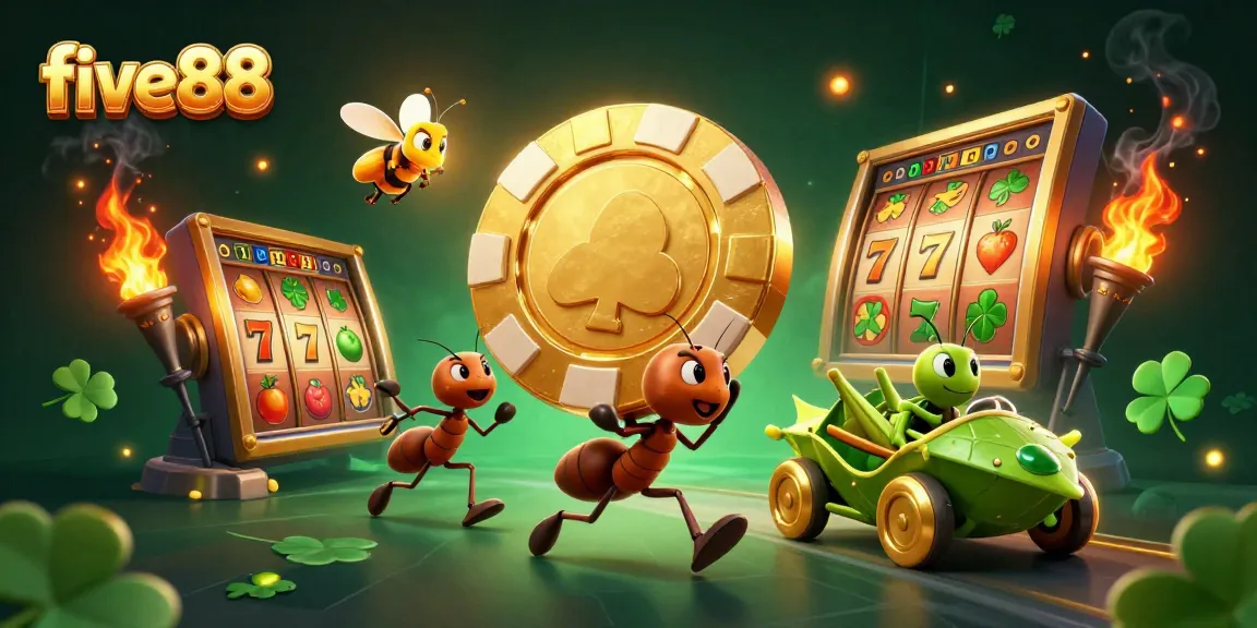 five88 casino heist scene with ants, a firefly, and a grasshopper, showcasing 3D slot elements.