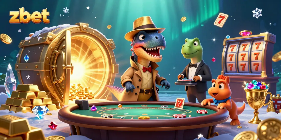 Engage with zbet in a vibrant casino scene featuring cartoon dinosaurs at the blackjack table.