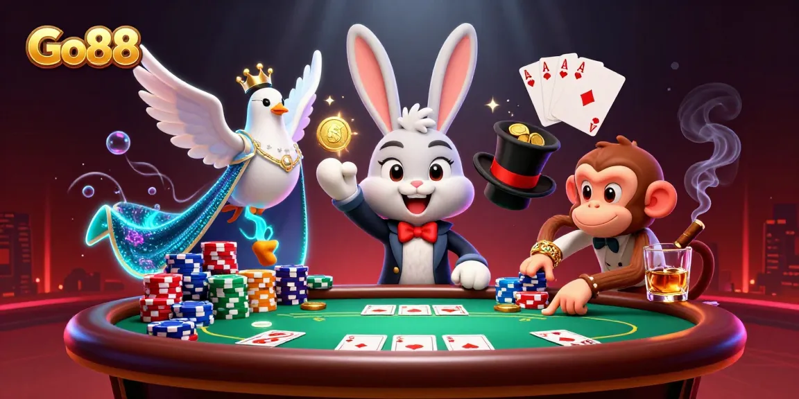 Engage with Go88's thrilling magic as a rabbit conjures coins amidst vibrant casino elements.