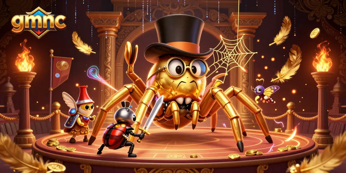 Engage with gaming excitement at gmnc, featuring a colorful 3D illustration of a giant tarantula weaving golden threads in a vibrant casino.