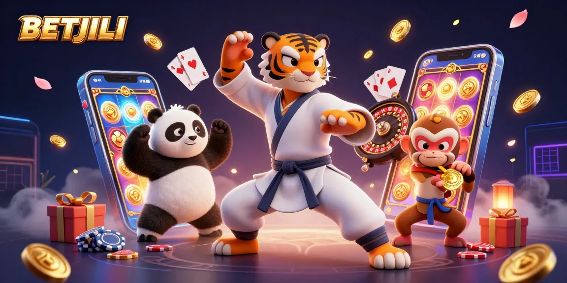 BETJILI delivers thrilling 3D casino experiences with cartoon tiger and panda characters engaging in fun gaming activities.