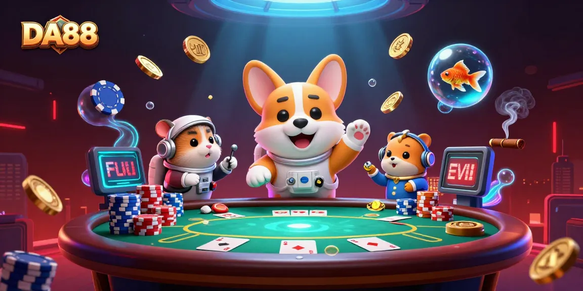 Engage in thrilling gaming with DA88 as a 3D astronaut corgi navigates a floating casino adventure.