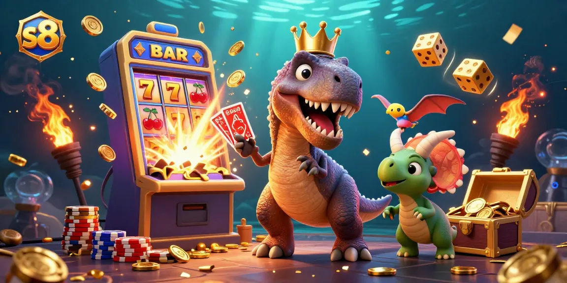 Engage with thrilling gameplay at s8, featuring a colorful scene of dinosaur characters enjoying casino games amidst jackpots and vibrant symbols.