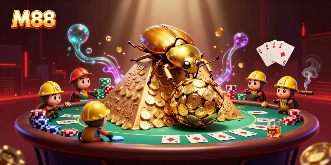 M88 promotes massive wins with a golden dung beetle scene, highlighting vibrant casino elements.