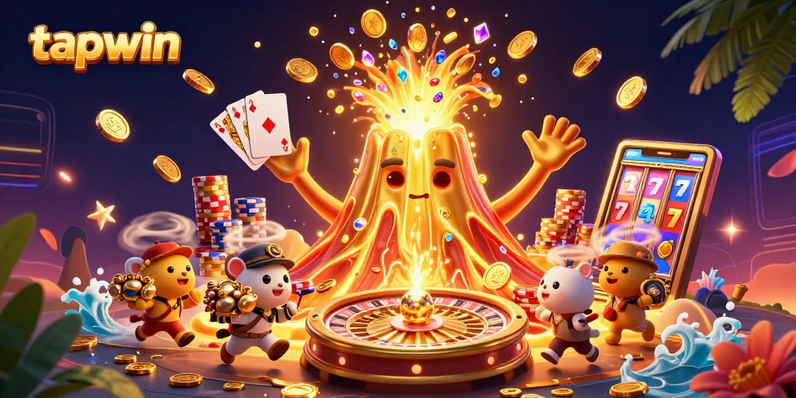 Tapwin celebrates gaming excitement with an erupting volcano and treasure-filled adventure scene.