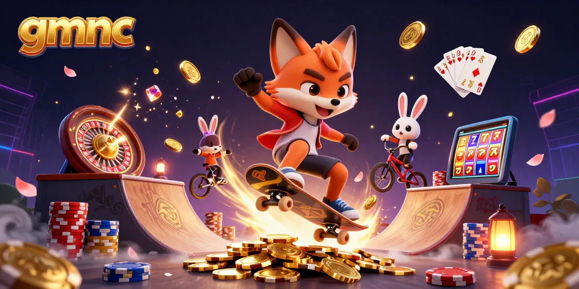Engage with gmnc's exciting gaming atmosphere featuring cartoon fox and rabbit at a vibrant casino scene.