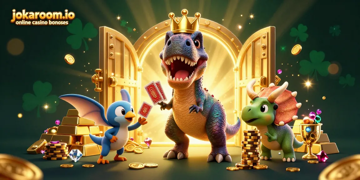 Explore jokaroom.io online casino bonuses in a vibrant 3D casino scene featuring fun characters and bright treasures.