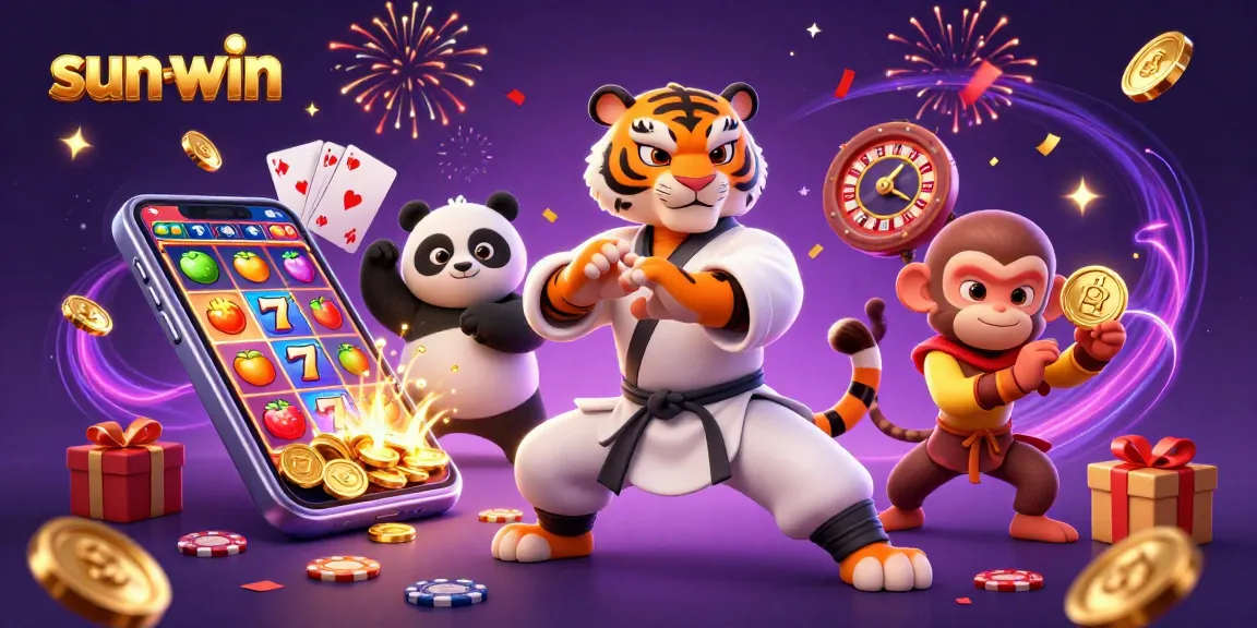 Engage with sun-win's vibrant slots scene, featuring playful characters among golden coins and colorful reels.
