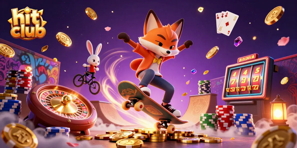 A dynamic illustration showcasing hit club characters engaging with vibrant casino elements, including golden coins and a spinning roulette wheel.