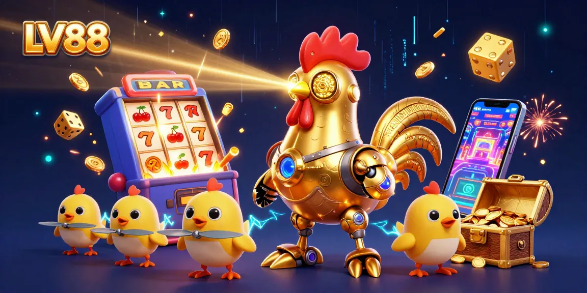 Experience the excitement of LV88's casino games with a laser-shooting golden rooster and baby chick drones amid dazzling jackpots.