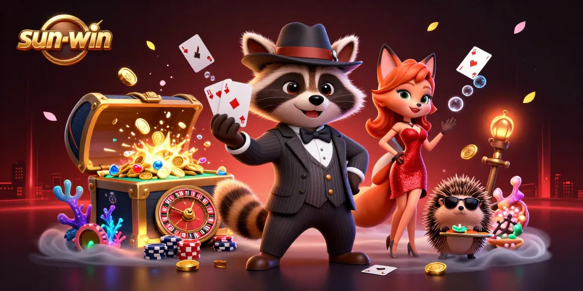 Engage with sun-win poker gameplay featuring raccoon in a suit, fox lady, and hedgehog bouncer.