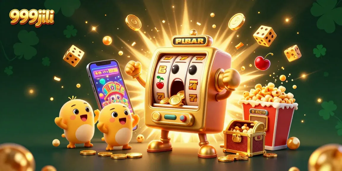 Win big at 999jili with a cartoon slot machine celebrating a jackpot, surrounded by colorful casino elements.