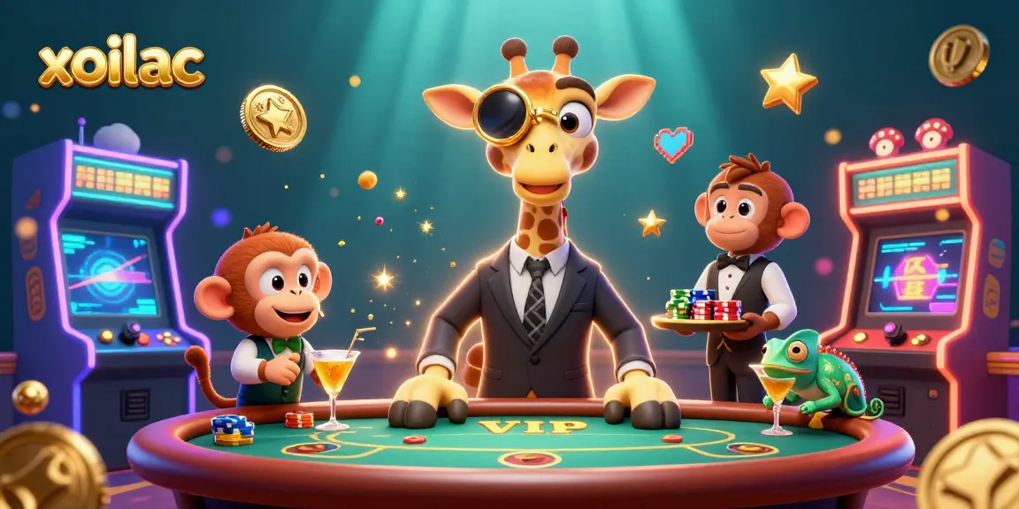 Experience vibrant action with xoilac as a giraffe in a suit, monkey valet, and chameleon bartender at a casino.